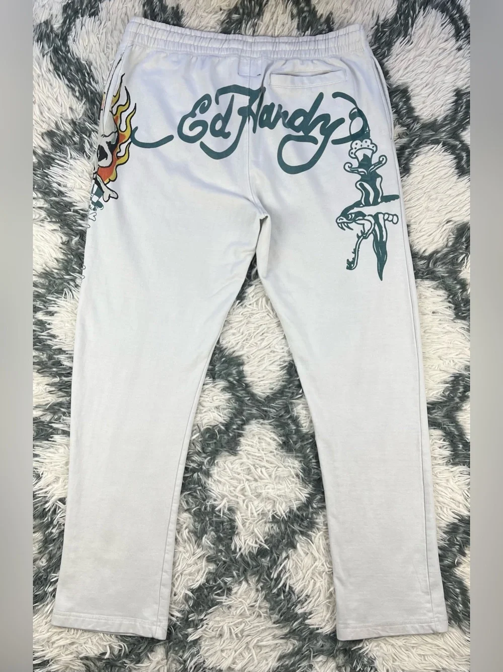 Ed Hardy Men's Ivory Flame Skull Fleece Sweatpants Size Large